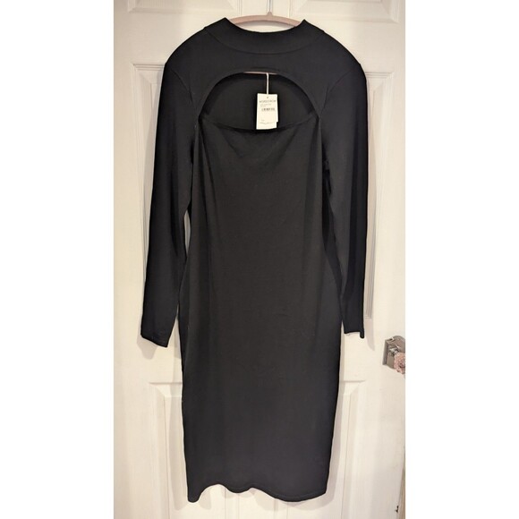 Black Long Sleeve Mock Neck Cutout Bodycon Sweater Dress Midi Dress‎ - Picture 2 of 7